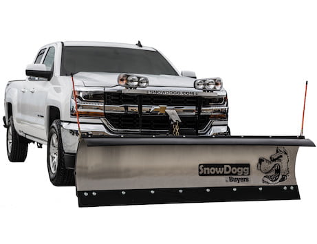 Snow Dogg plow on a white chevrolet truck