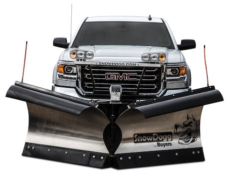 Snow Dogg plow on a white GMC truck