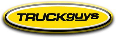 Logo of "truckguys" featuring stylized text within an oval yellow and black border.